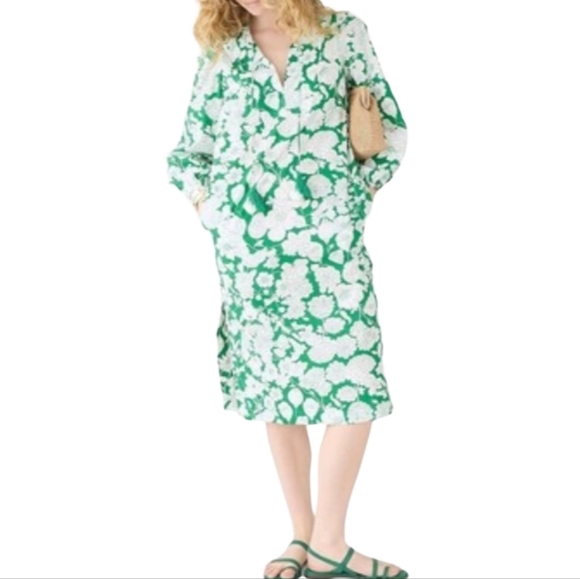 J. Crew V-neck tunic dress in Kelly GREEN White floral cotton poplin Size Medium - Picture 2 of 11